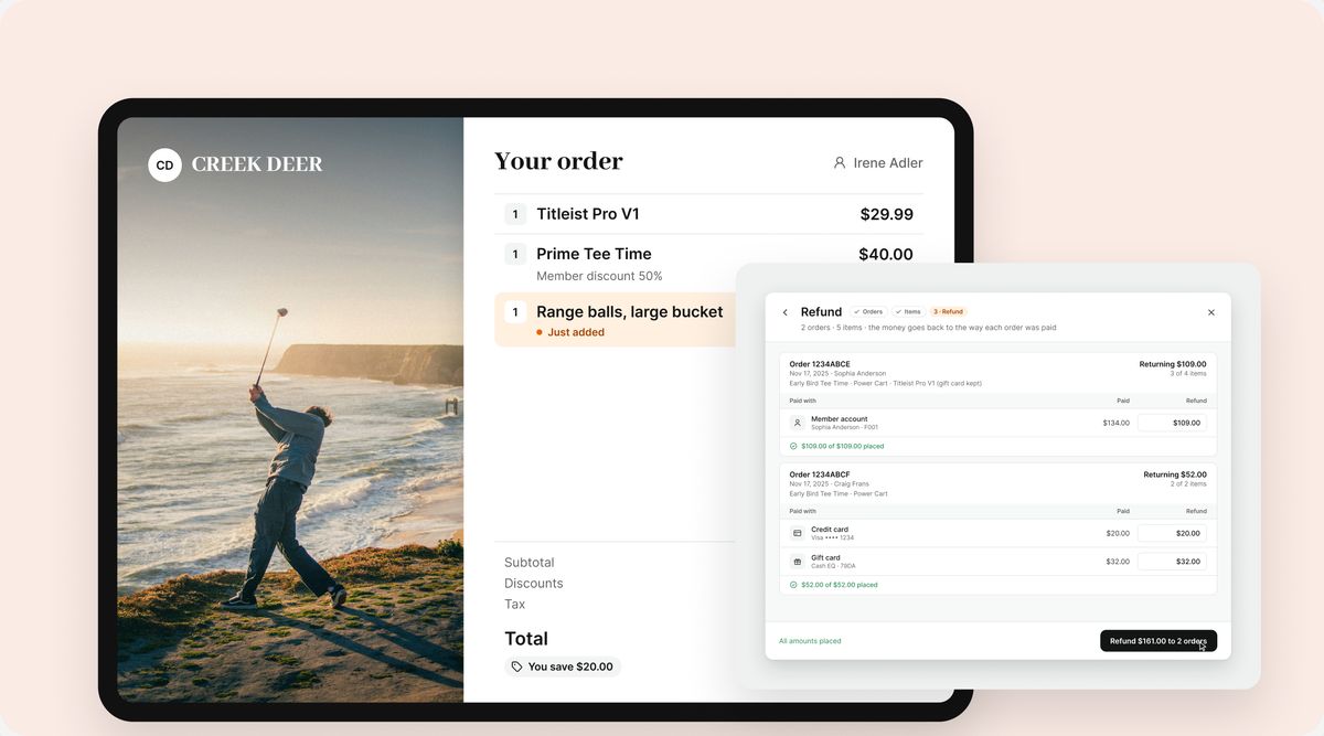 The customer display on a tablet, showing the order and its total, with a refund dialog beside it.