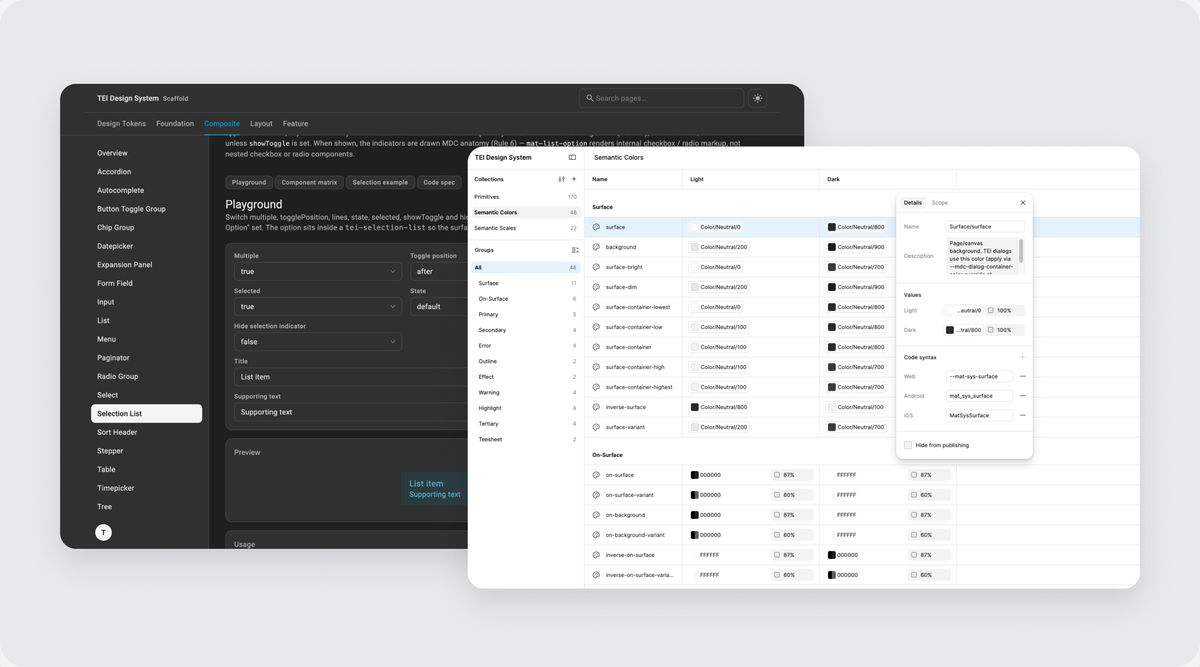The design-system site in dark mode, with the semantic colour variables from Figma in front of it.