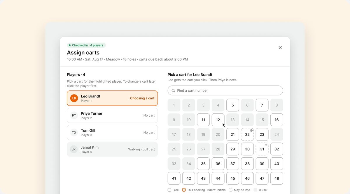 The Assign carts dialog: the group’s players on the left, a grid of cart numbers on the right.