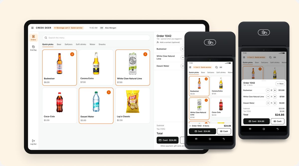 A beverage-cart sale on a tablet, with drink tiles and the open order, beside the same flow on two handheld terminals.
