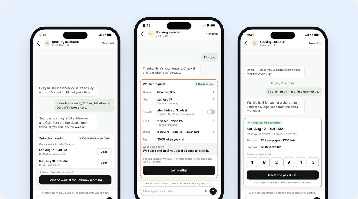 Three phone screens of the AI booking assistant: a request for Saturday morning, the waitlist request ready to join, and the time claimed with a code.